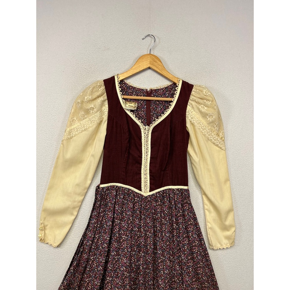 Gunne Sax Vintage Prairie Dress Womens XS Burgundy Floral Lace 70s Boho Dress - Picture 11 of 13